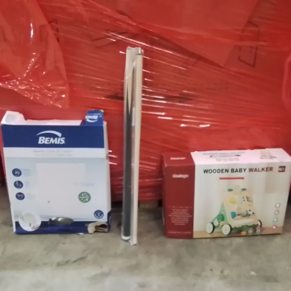 PALLET OF ASSORTED HOUSEHOLD GOODS AND PRODUCTS TO INCLUDE;WOODEN BABY WALKER,POOL CUE,TOILET SEAT