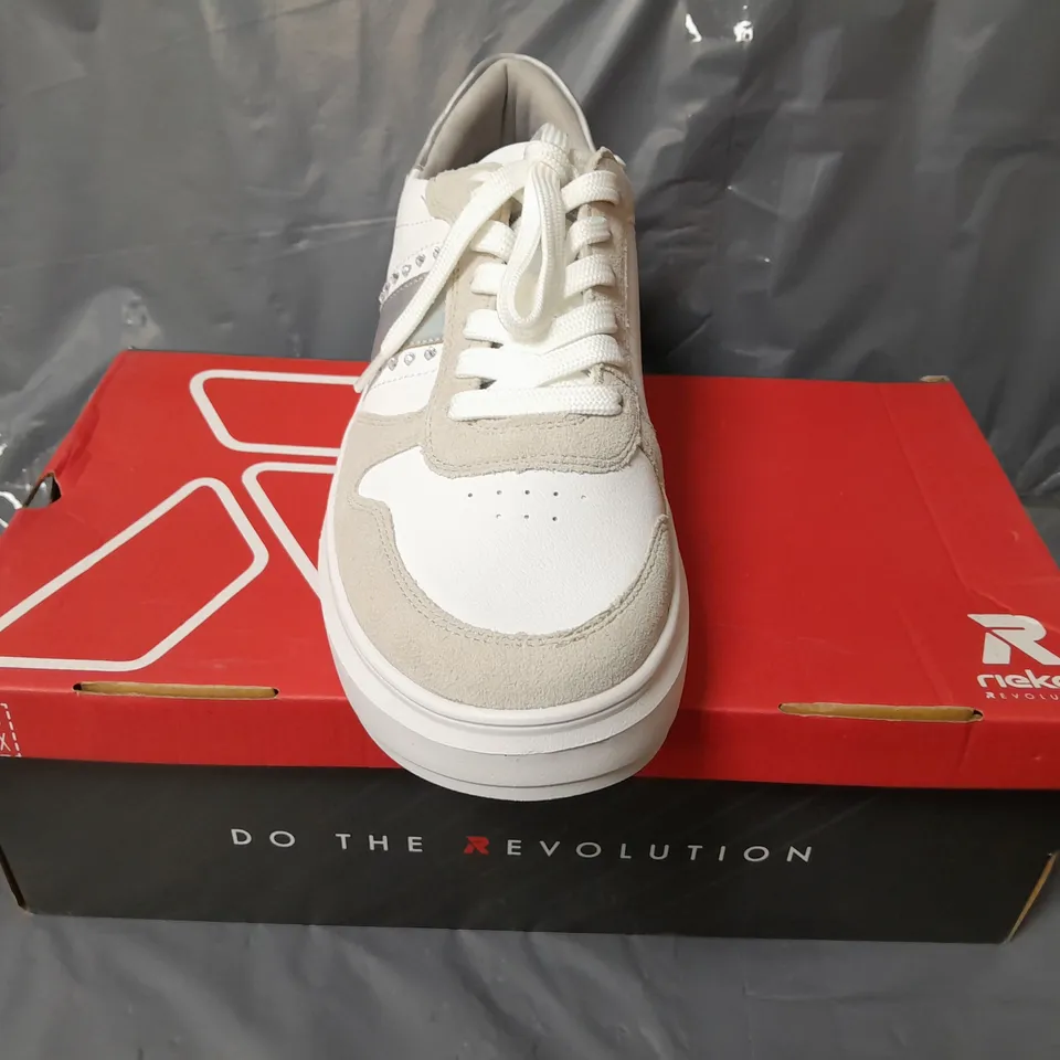 BOXED PAIR OF RIEKER REVOLUTION TRAINERS IN WHITE/PRISMATIC SILVER W. JEWEL EFFECT SIZE 7.5