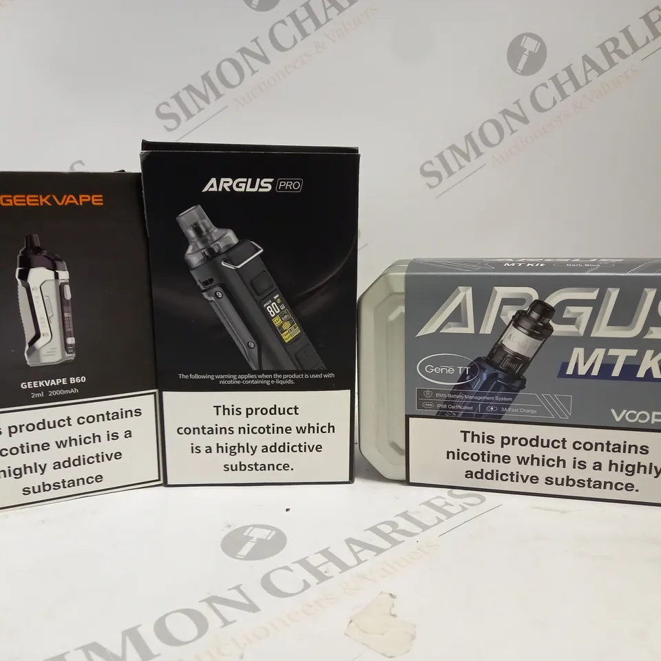 APPROXIMATELY 20 ASSORTED BOXED VAPING PRODUCTS TO INCLUDE GEEKVAPE B60, VOOPOO ARGUS PRO, VOOPOO ARGUS MT KIT ETC