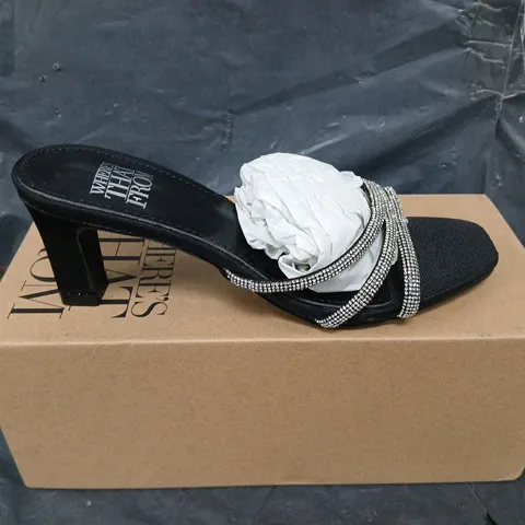 BOXED PAIR OF WHERES THAT FROM DIAMANTE SHOES - UK SIZE 3