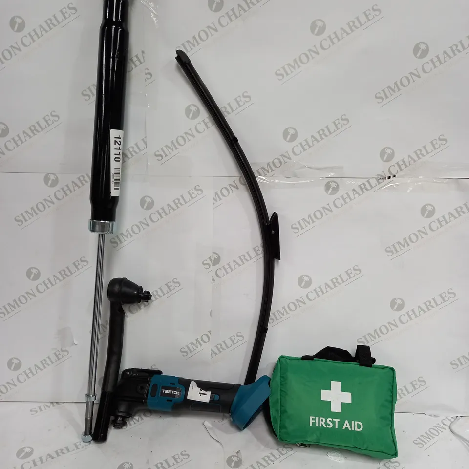 BOX OF APPROX 6 ASSORTED ITEMS TO INCLUDE - FIRST AID KIT - TEETOK OSCILLATION ANGLE 4 - UNBRANDED WINDOW WIPER ETC