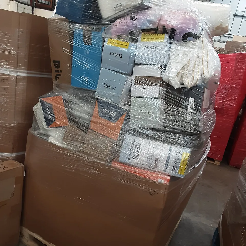 PALLET OF ASSORTED PRODUCTS TO INCLUDE INFINITE WHEEL CHAIR CUSHION, ELVIROS MORY FOAM CERVICAL PILLOW, HANSLEEP, EMMA, WALENSEE, NEWENT MATTRESS TOPPERS 