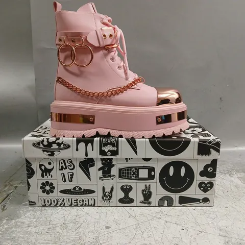 BOXED PAIR OF KOI ROSE GOLD BORIN HARDWARE PLATFORM BOOTS IN PINK/ROSE GOLD SIZE UK 3