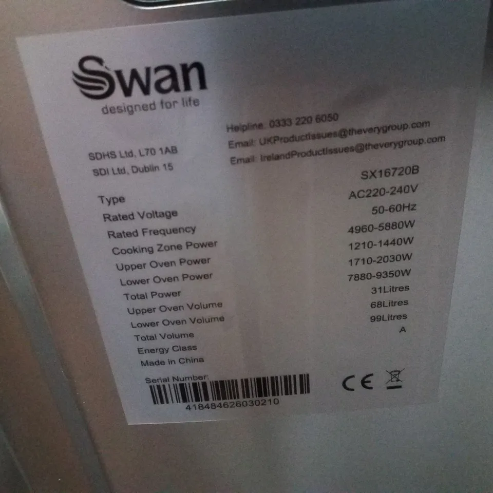 SWAN SX16720B 60CM ELECTRIC TWIN OVEN CERAMIC HOB COOKER - BLACK