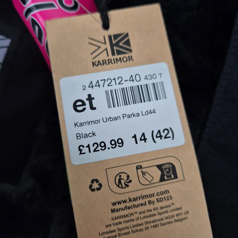 KARRIMOR CITY PARKA COAT – BLACK, UK 14 (EU 42) WITH FUR HOOD