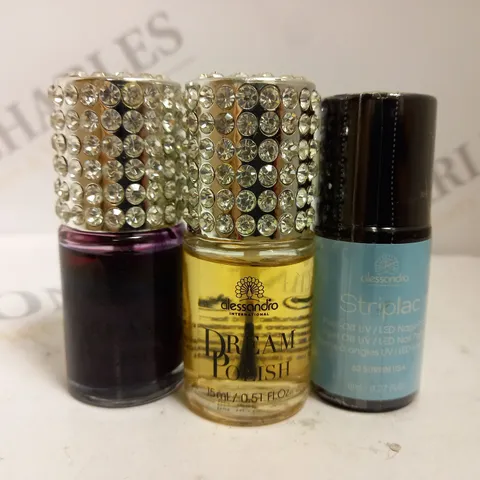 BOX OF APPROX 50 X 8ML ASSORTED ALESSANDRO STRIPLAC PEEL-OFF UV LED NAIL POLISH #62 SURFIN USA & DREAM POLISH #TOP COAT & #PURPLE PLEASURE