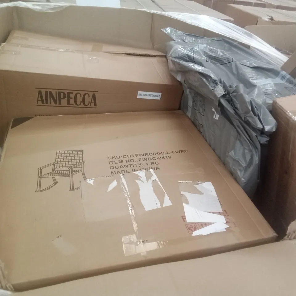 PALLET OF ASSORTED ITEMS INCLUDING WALL MIRROR, GARDENJOY 6FT FOLDING TABLE, STOREMIC FLOATING SHELF, GIOVARA PVC CHAIR MAT, ROCKING CHAIR,  SHOWER MIXER 