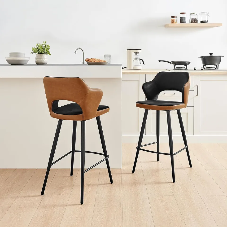 BOXED SET OF 2 KAI BLACK VELVET & TAN FAUX LEATHER BAR CHAIRS WITH BLACK LEGS (1 BOX)