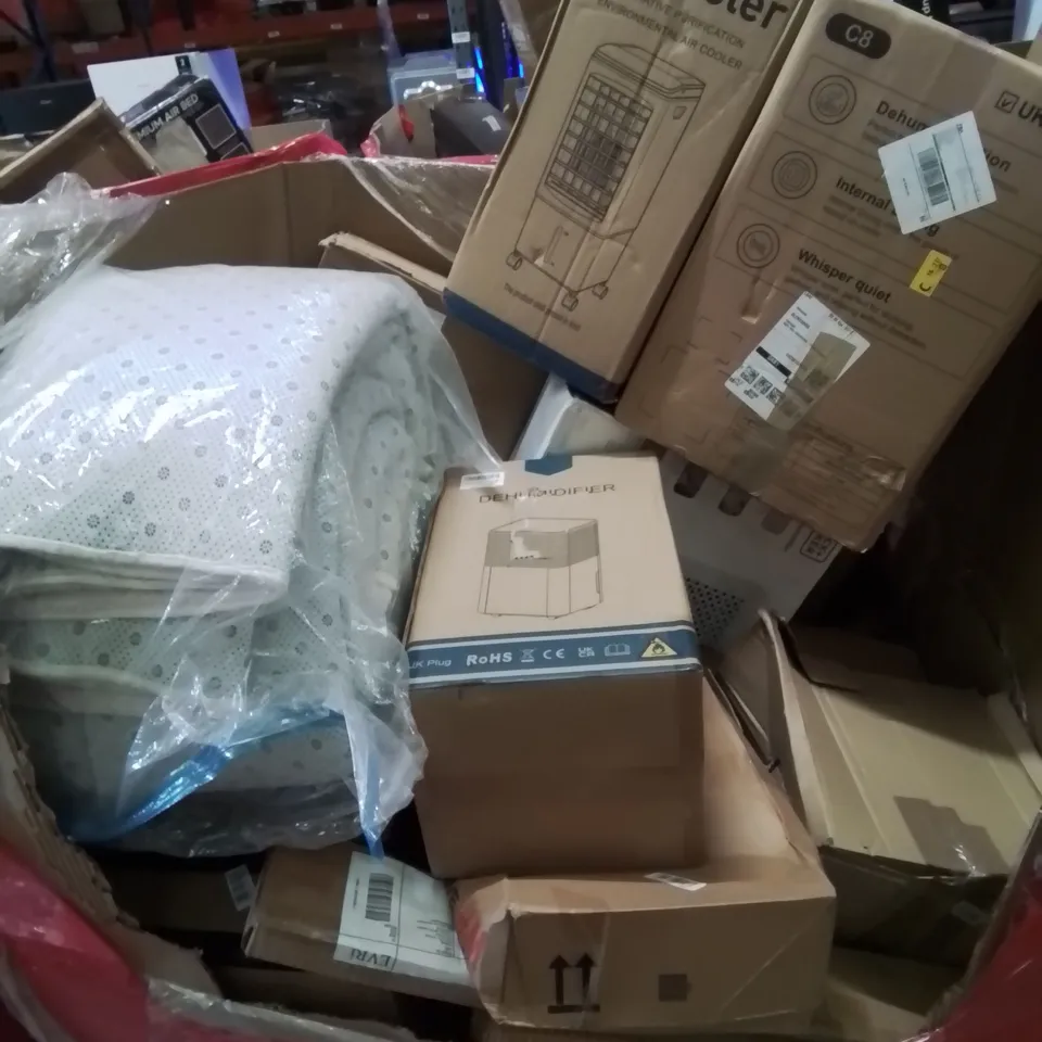 PALLET CONTAINING VARIOUS ASSORTED ITEMS TO INCLUDE: DEHUMIDIFIERS,  AIR COOLER, LARGE THROW AND LOTS MORE UNMARKED BOXED ITEMS 