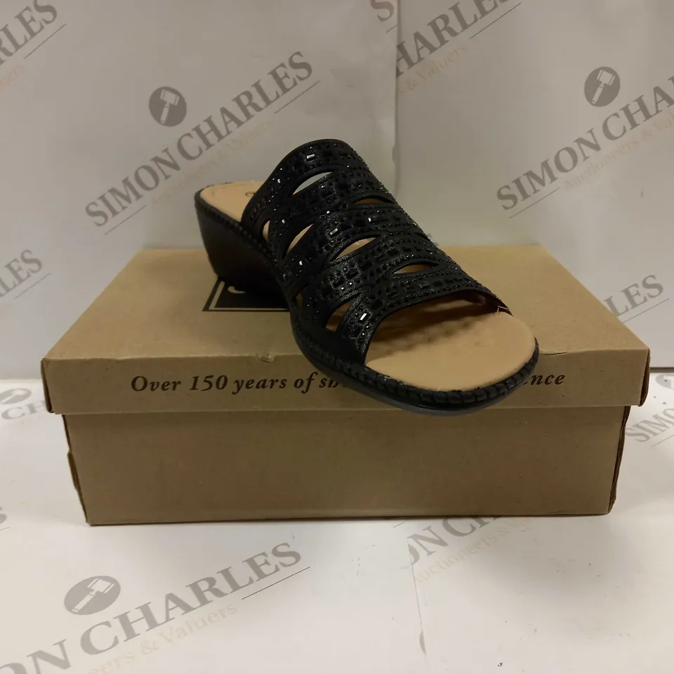 BOXED PAIR OF CUSHION WALK DIAMANTE MULES IN BLACK - SIZE 7