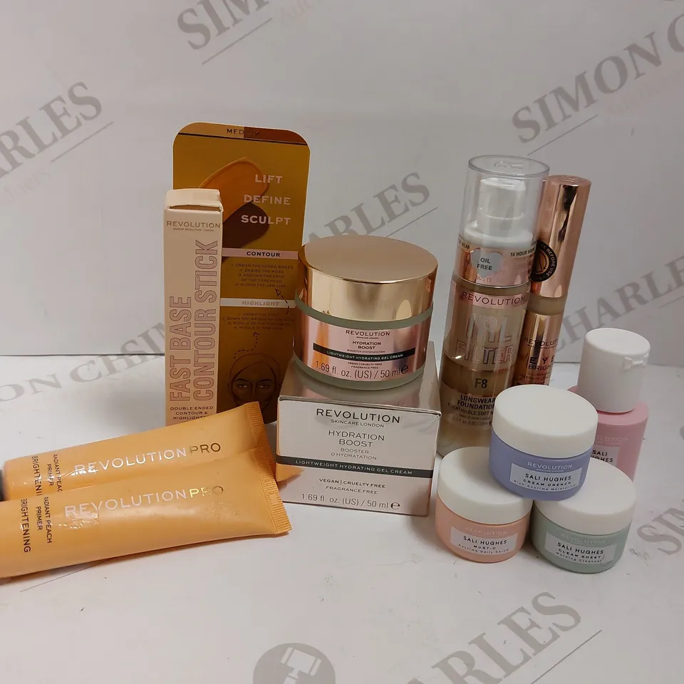 BOX OF APPROX 10 REVOLUTION ITEMS TO INCLUDE HYDRATION BOOST GEL CREAM, IRL FILTER LONGWEAR FOUNDATION, FAST BASE CONTOUR STICK