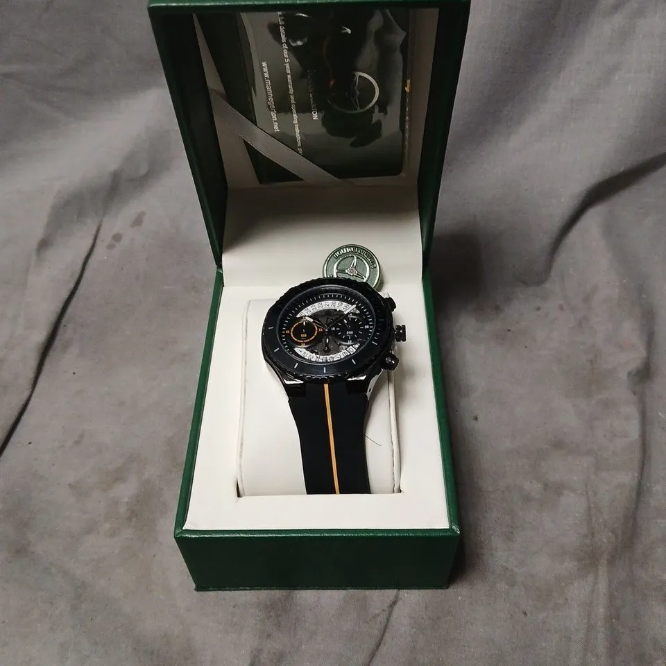 MANN EGERTON CHRONOGRAPH WRISTWATCH - BLACK RUBBER STRAP, BOXED IN GREEN PRESENTATION BOX