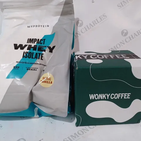 2 ASSORTED FOOD AND DRINK ITEMS TO INCLUDE WONKY COFFEE MIXTURE OF COFFEE PODS, AND MY PROTEIN IMPACT WHEY ISOLATE