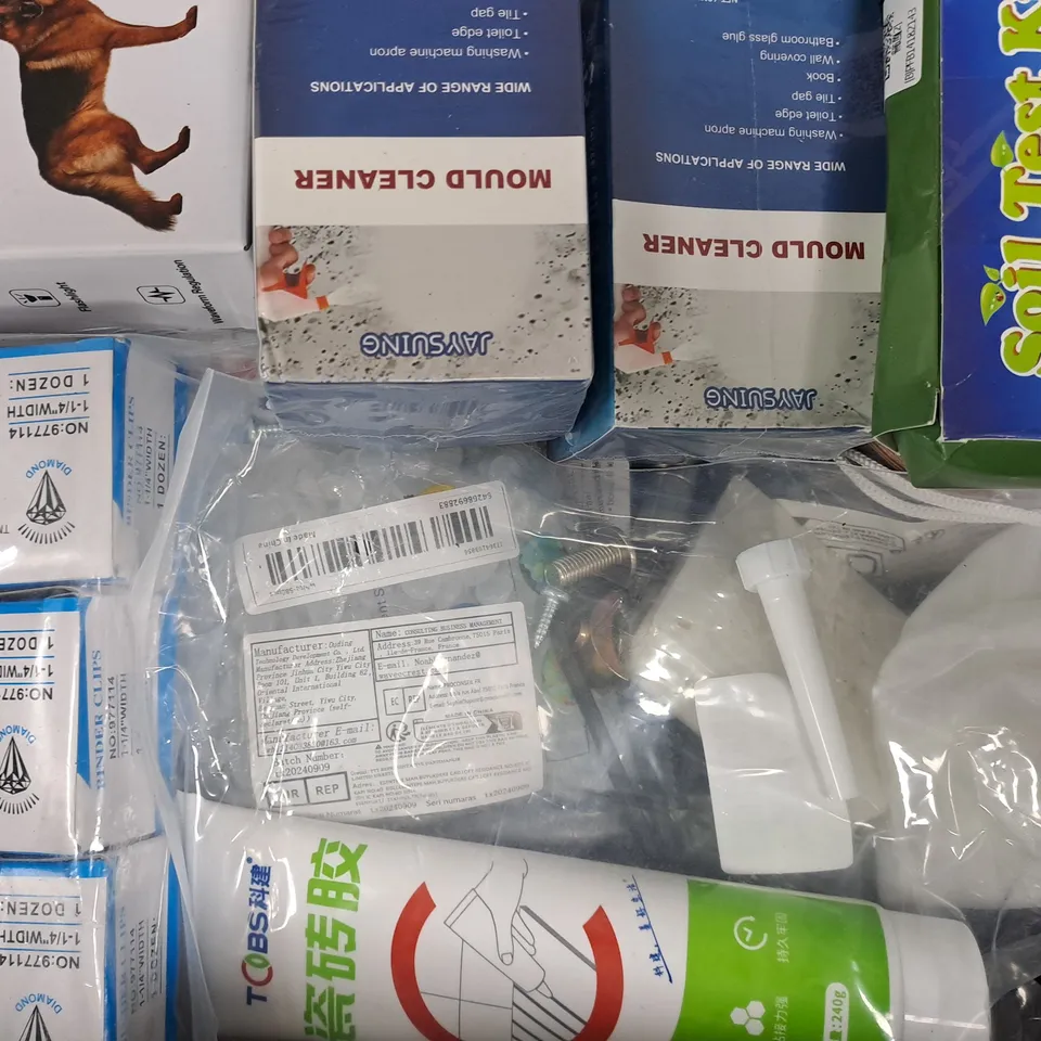 APPROXIMATELY 10 ASSORTED HOUSEHOLD ITEMS TO INCLUDE CAT CALMING PHEROMONE, ANTI BARKING DEVICE, ETC