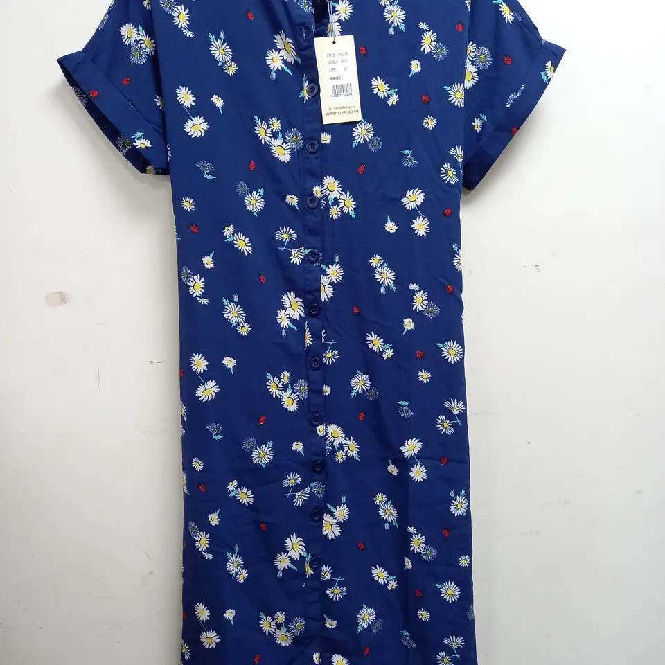 YUMI FLORAL DESIGN LONG SHIRT DRESS IN NAVY - UK 10