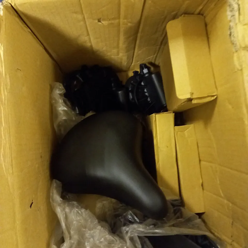 BOX OF ASSORTED SPIN BICYCLE PIECES TO INCLUDE SEAT, FOOTSTRAPS, PEDALS, ETC.