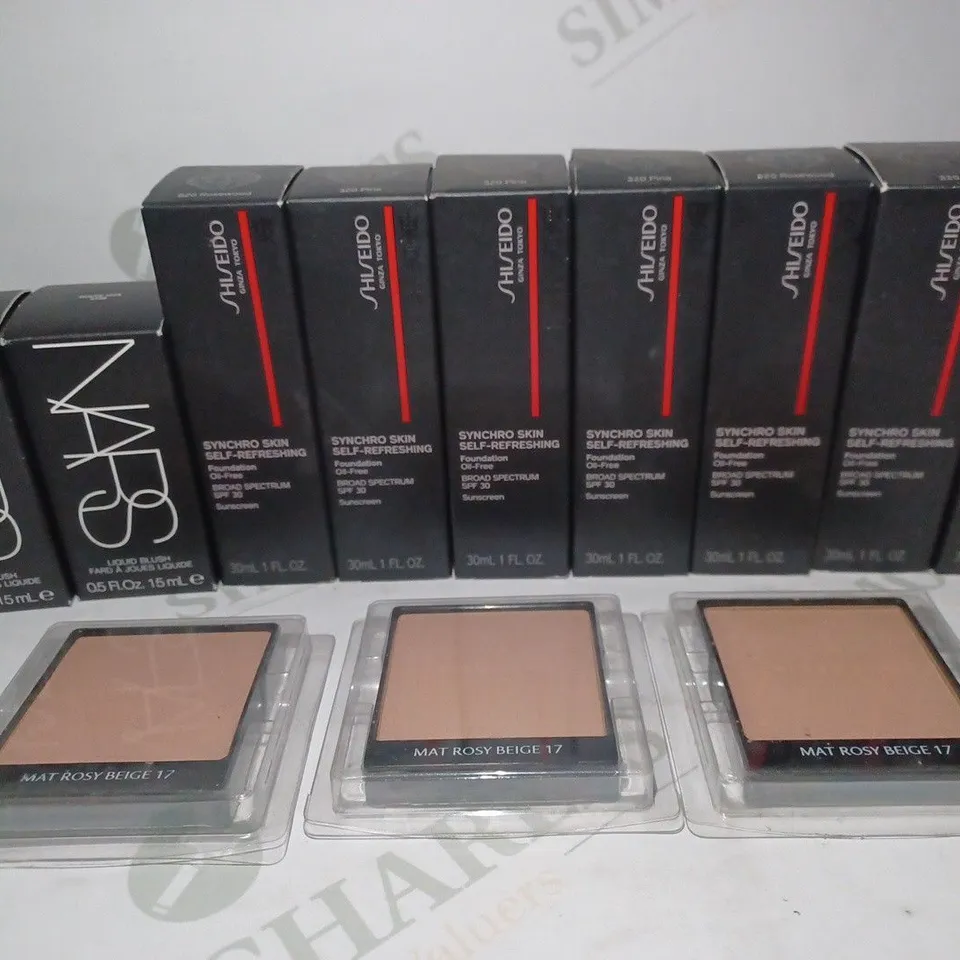 BOX OF APPROX 10 ASSORTED BEAUTY PRODUCTS TO INCLUDE NARS LIQUID BLUSH #ORGASM, SHISEIDO FOUNDATION #PINE, GIVENCHY POWDER FOUNDATION #17 MAT ROSY BEIGE, ETC  