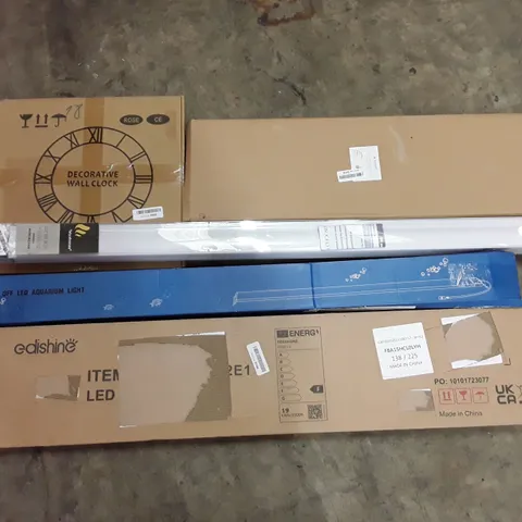 PALLET OF ASSORTED PRODUCTS INCLUDING DECORATIVE WALL CLOCK, BATH TRAY, LED AQUARIUM LIGHT, DAY & NIGHT ROLLERBLIND, LED FLOOR LAMP