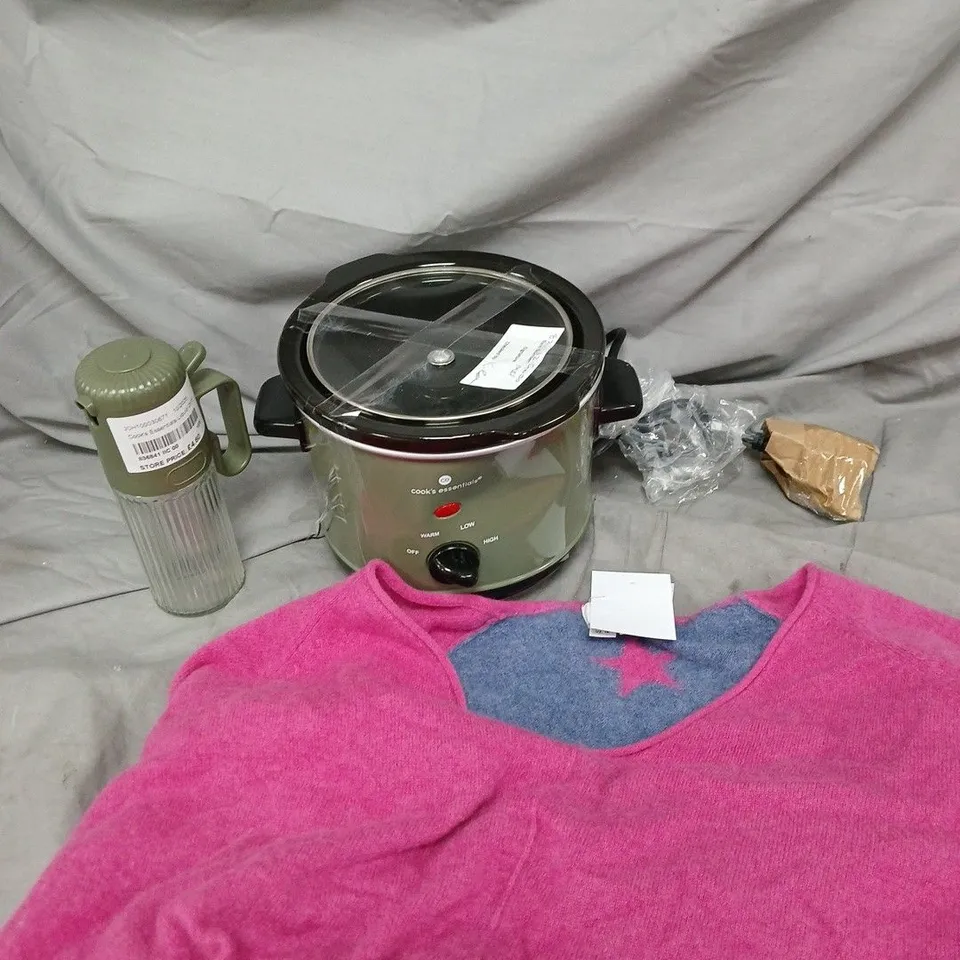 APPROXIMATELY 15 ASSORTED CLOTHING & HOUSEHOLD PRODUCTS TO INCLUDE SLOW COOKER, JUMPERS, OIL SPRAYER ETC