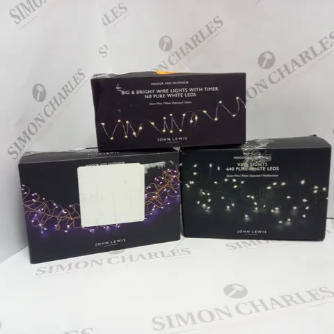 APPROXIMATELY 10 ASSORTED PRODUCTS TO INCLUDE JOHN LEWIS PINK LED VINE LIGHTS, WHITE LED VINE LIGHTS, AND WHITE LED WIRE LIGHTS