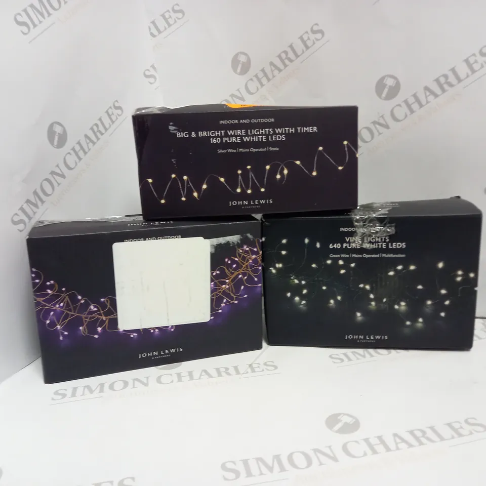 APPROXIMATELY 10 ASSORTED PRODUCTS TO INCLUDE JOHN LEWIS PINK LED VINE LIGHTS, WHITE LED VINE LIGHTS, AND WHITE LED WIRE LIGHTS 