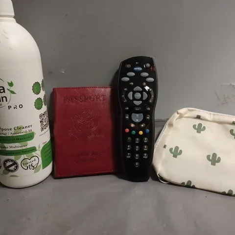 APPROXIMATELY 10 ASSORTED ITEMS TO INCLUDE - PASSPORT CASE, FOXTEL REMOTE , ALL PURPOSE CLEANER ETC