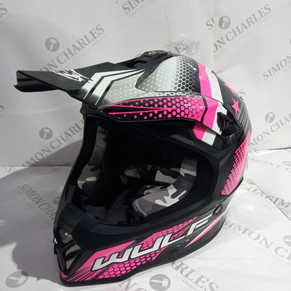 BOXED PINK WULFSPORT ICONIC CUB RACING HELMET IN PINK (SIZE YM)