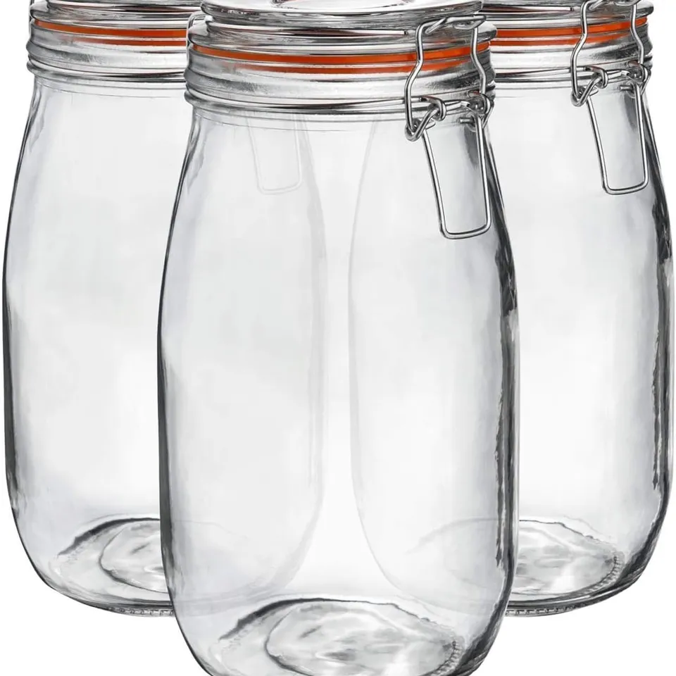 BOXED NEO PACK OF 3 APPROXIMATELY CANISTERS TABLEWARE SCANDI GLASS STORAGE JARS WITH AIRTIGHT SILICONE SEAL METAL CLIP TOP LIDS