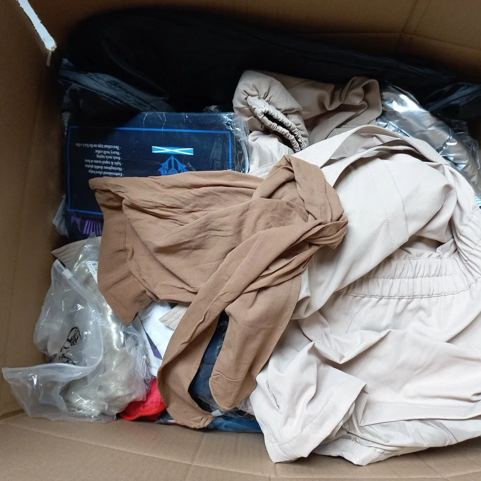 LARGE BOX OF APPROXIMATELY 20 ASSORTED CLOTHING ITEMS IN VARIOUS SIZES, STYLES AND COLOURS