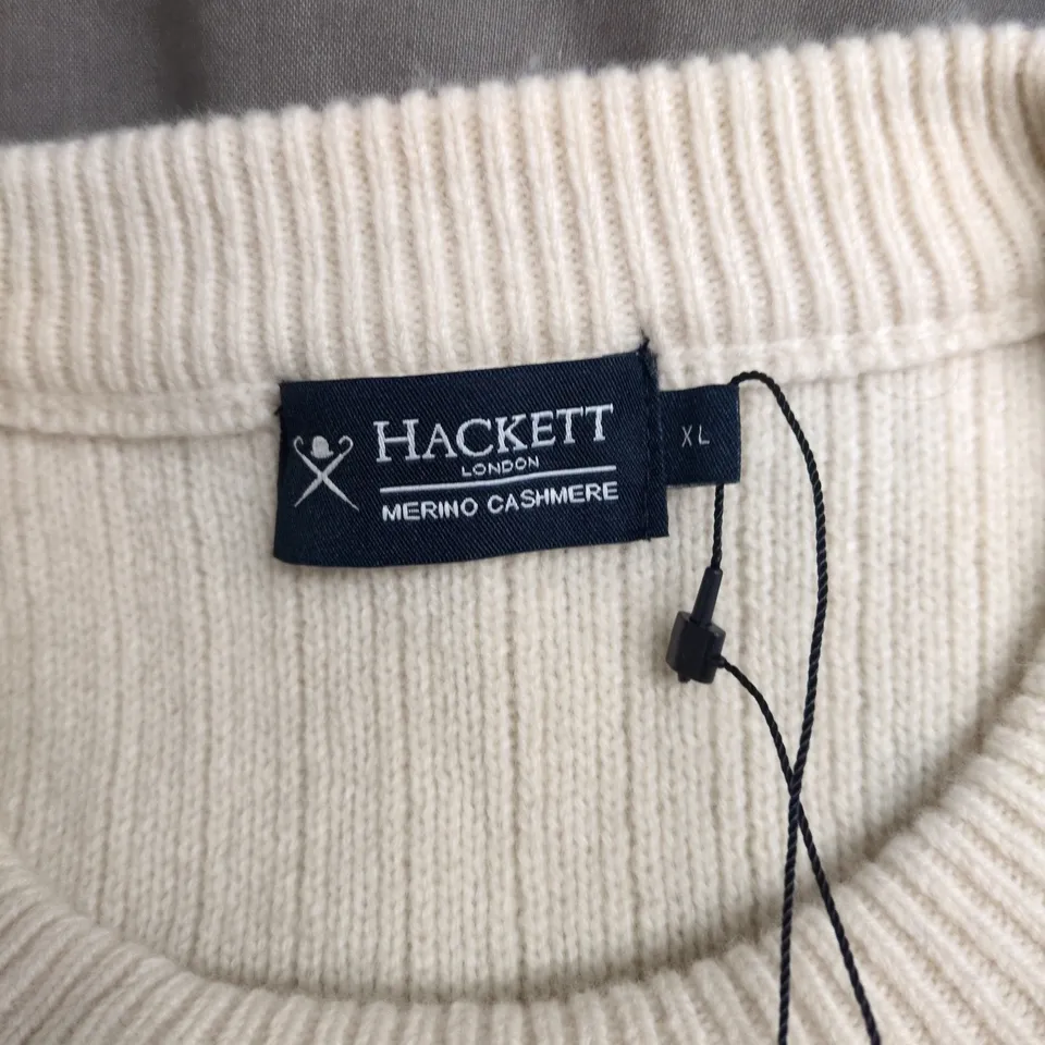 HACKETT LONDON MERINO CASHMERE COLOUR-BLOCK SWEATER – CREAM/CAMEL/NAVY – SIZE XL