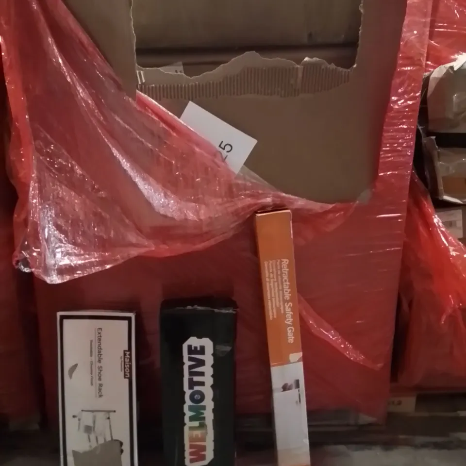 PALLET OF ASSORTED HOUSEHOLD GOODS AND PRODUCTS TO INCLUDE;SCOOTER,RETRACTABLE SAFETY GATE,SHOE RACK