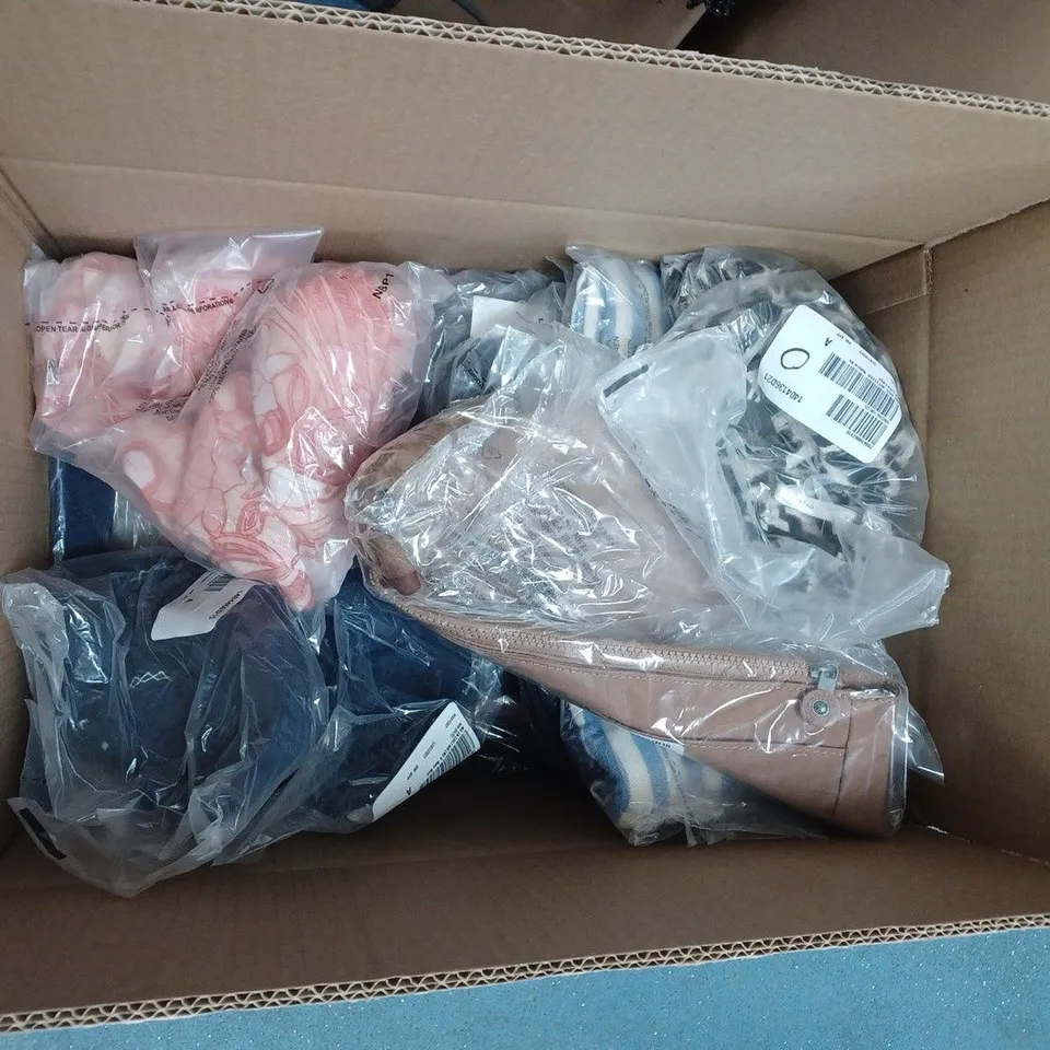 LARGE BOX OF ASSORTED CLOTHING ITEMS TOO INCLUDE TOPS , TROUSERS AND JUMPERS COMING IN DIFFERENT COLOURS AND SIZES 