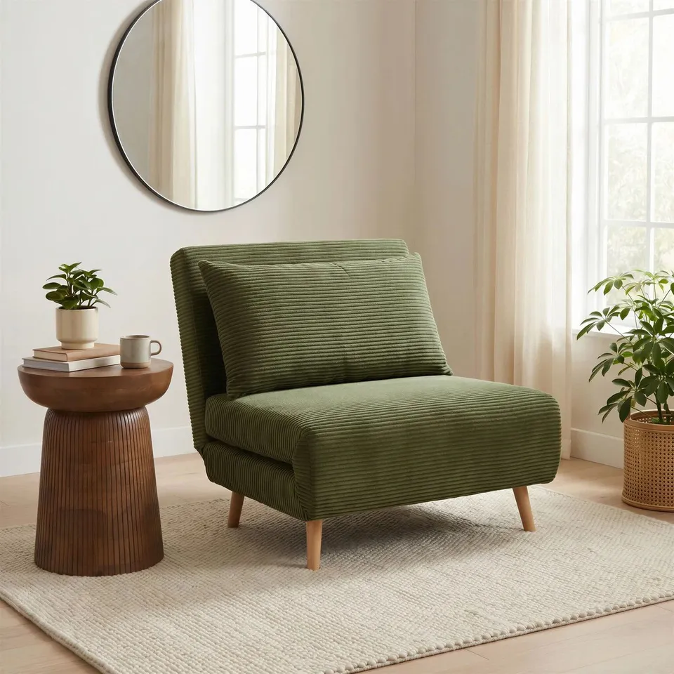 BOXED BOBBY GREEN JUMBO CORDUROY SINGLE FOLDING SOFA BED CHAIR