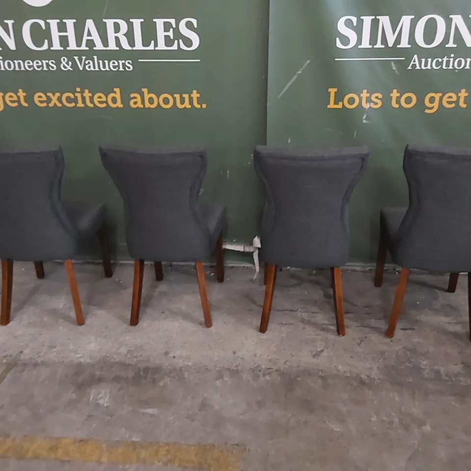 SET OF 4 BEWLEY SLATE FABRIC BUTTON BACK DINING CHAIRS WITH DARK BROWN LEGS 