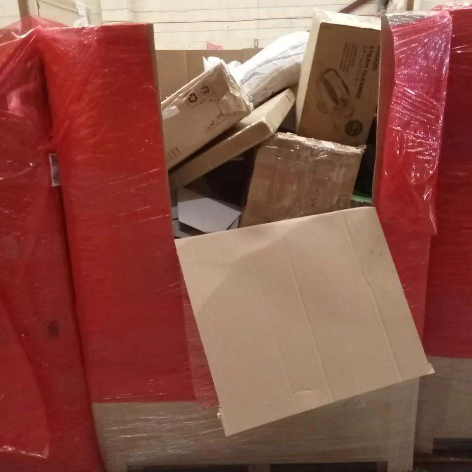 PALLET OF ASSORTED HOUSEHOLD GOODS AND PRODUCTS TO INCLUDE; STEAM CLEANERS, BOXED FURNITURE ETC