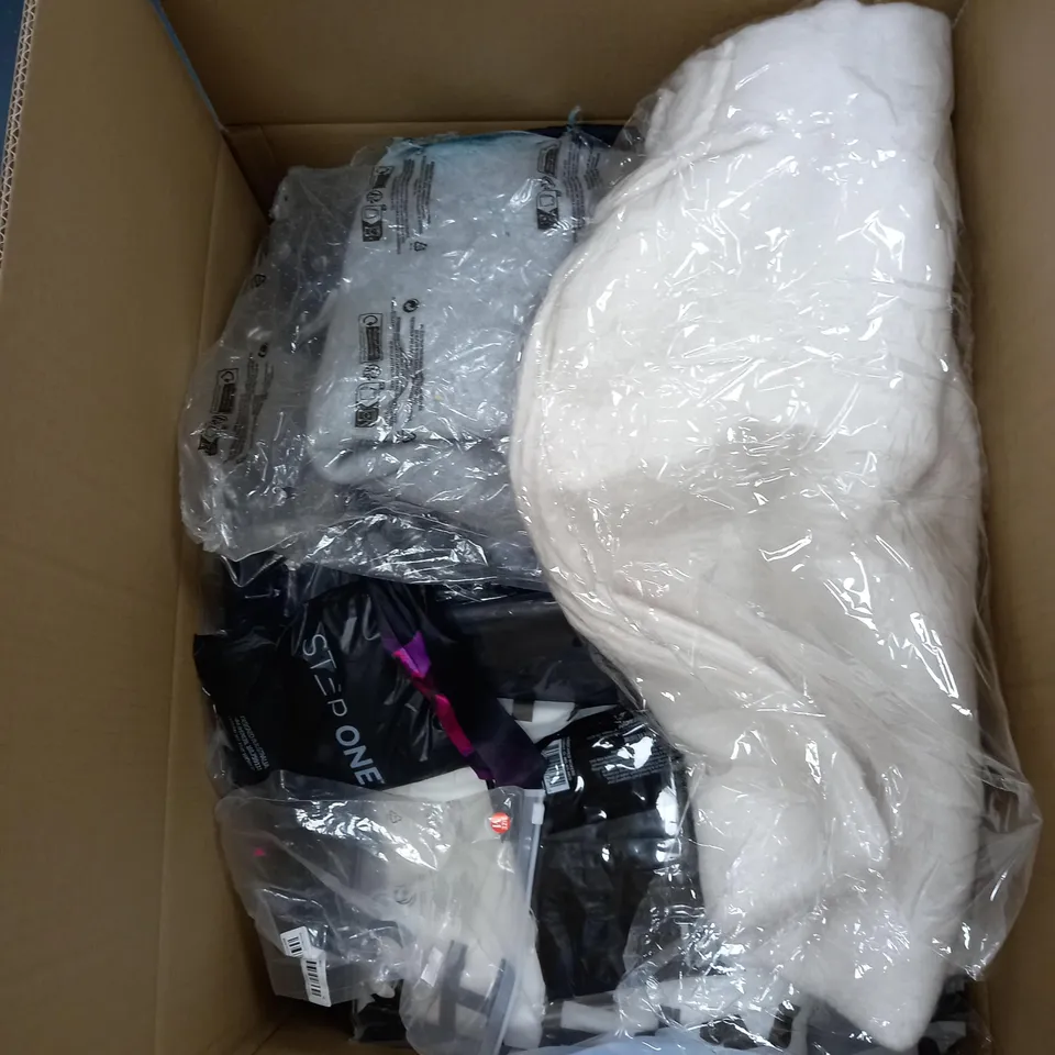 LARGE BOX OF ASSORTED CLOTHING ITEMS IN VARIOUS COLOURS AND SIZES INCLUDING TROUSERS , TOPS AND JUMPERS 