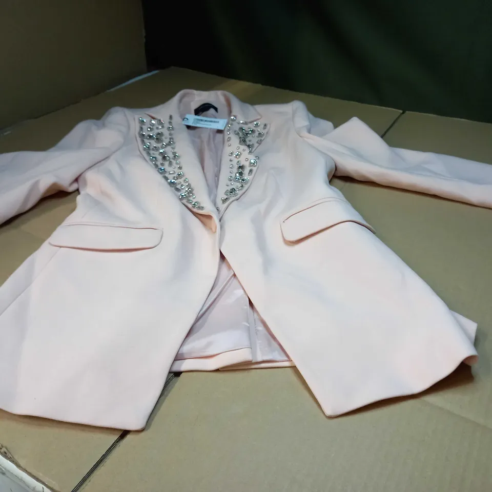 KAREN MILLEN BLUSH EMBELLISHED COLLAR COMPACT STRETCH JACKET - SIZE 10