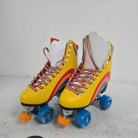 RAINBOW-COLOURED QUAD ROLLER SKATES – SIZE UNSPECIFIED