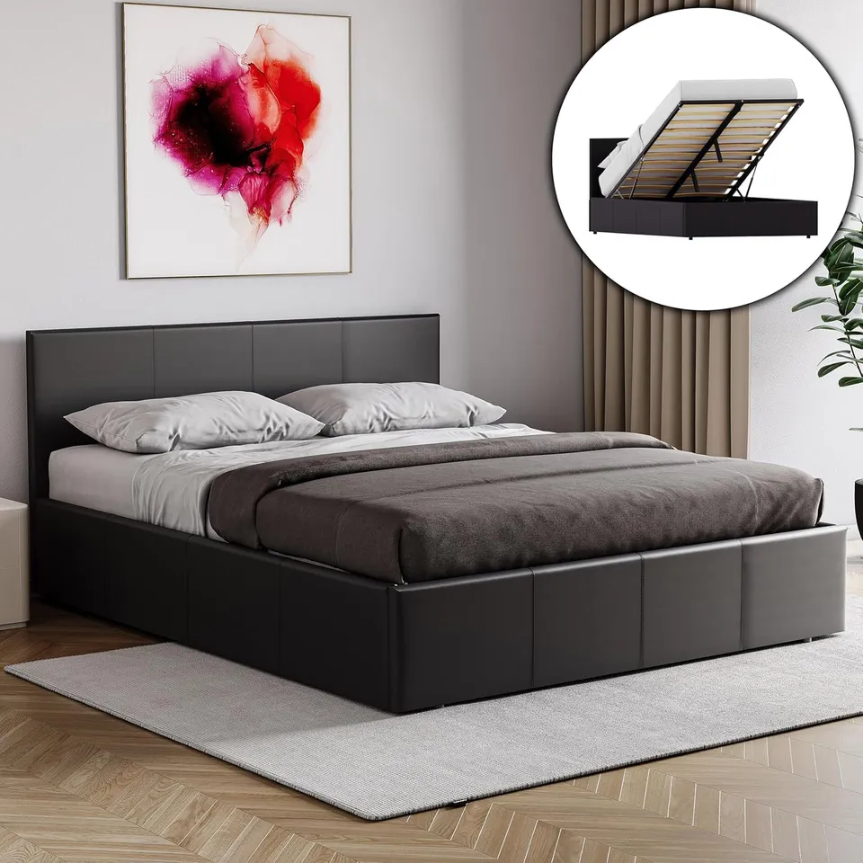 BOXED VIDA DESIGNS LISBON DOUBLE OTTOMAN BED FRAME | BLACK | 87 H X 144 W X 200 D CM | FAUX LEATHER | PADDED HEADBOARD | LOW FOOT END | GAS LIFT | LARGE STORAGE (3 BOXES)