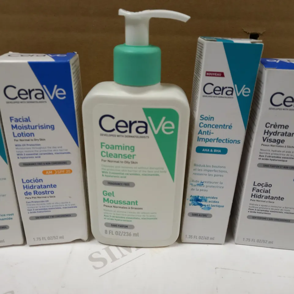 BOX OF 5 CERAVE ITEMS TO INCLUDE FOAMING CLEANSER, FACIAL MOISTURISING LOTION, RESURFACING RETINOL SERUM