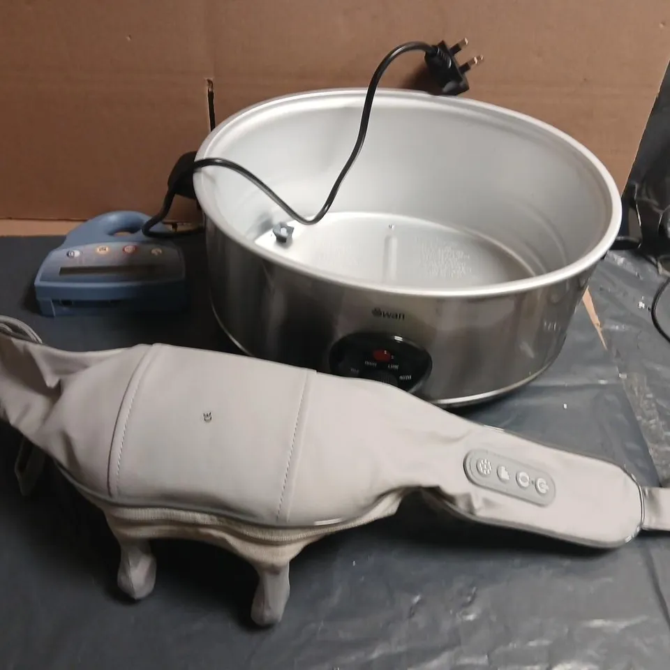 ASSORTED PRODUCTS TO INCLUDE; SWAN SLOW COOKER(NO LID), AND MASSAGE BELT