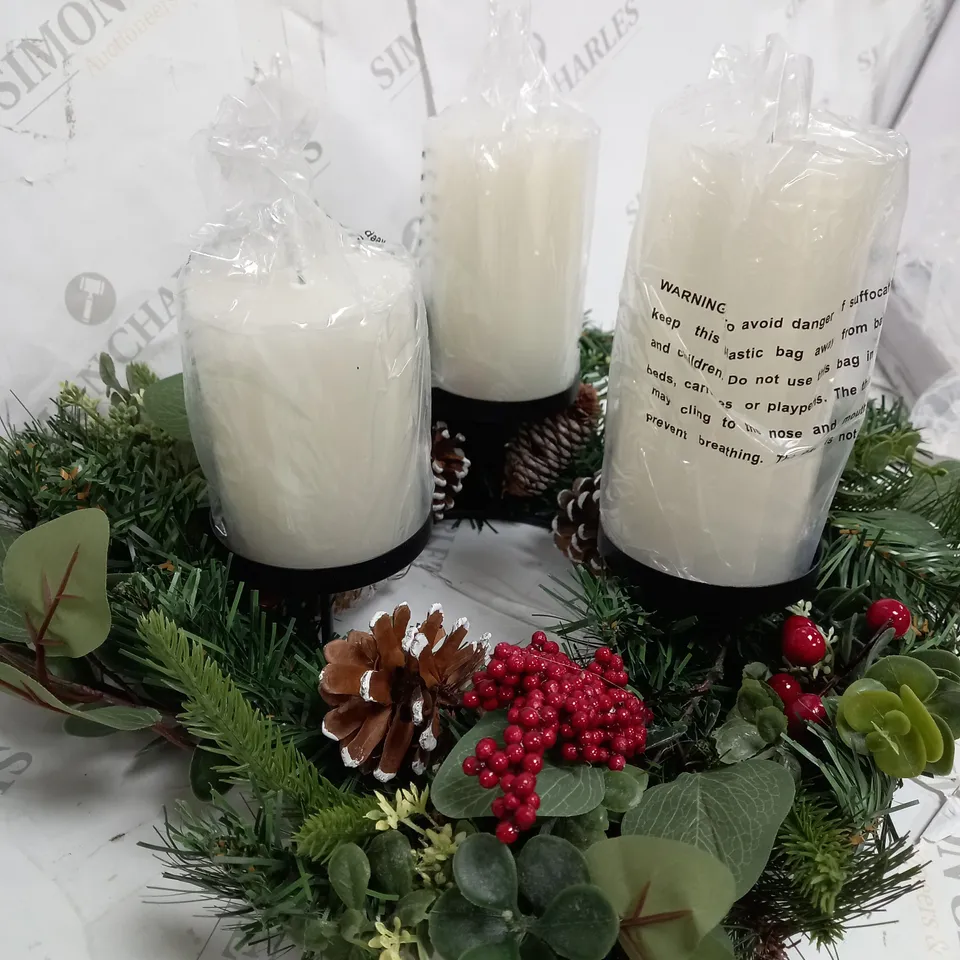 HOME REFLECTIONS 3 IN 1 FLAMELESS CANDLE WITH WREATH SET RED BERRY