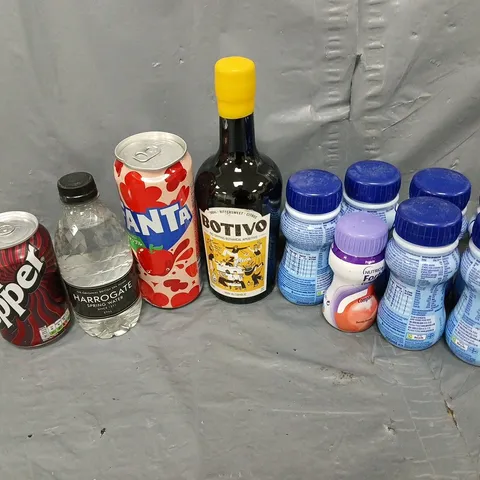 TOTE OF APPROXIMATELY 12 ASSORTED DRINKS ITEMS TO INCLUDE - DR PEPPER, FANTA, AND APTAMIL ETC.