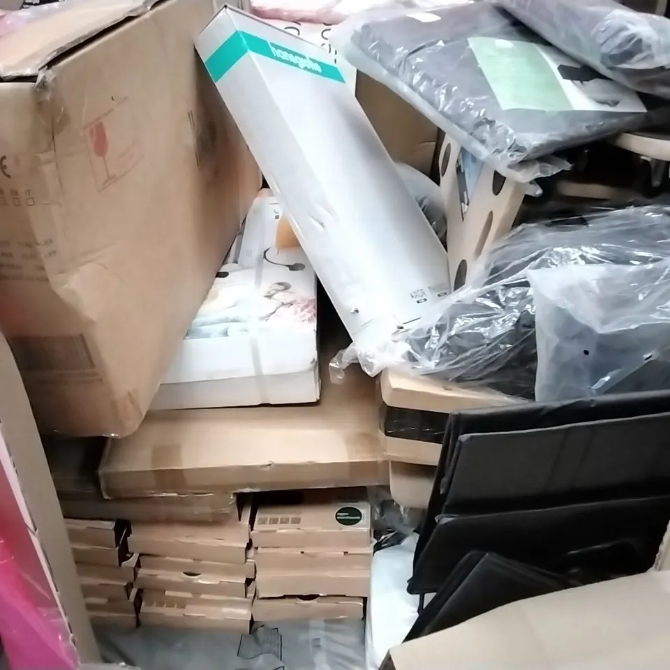 PALLET OF ASSORTED ITEMS TO INCLUDE: KEPLIN 5 TIER SHOE RACKS, CEILING FAN, PLATFORM DOLLYS, BINS, CANVAS ART ECT