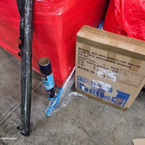 PALLET OF ASSORTED ITEMS TO INCLUDE, STRIX HOT/COLDCWATER FILTER, 60" FULL SIZE SKELETON, LED MAKE UP MIRROR, CARPET PROTECTOR, CHAIR MAT.