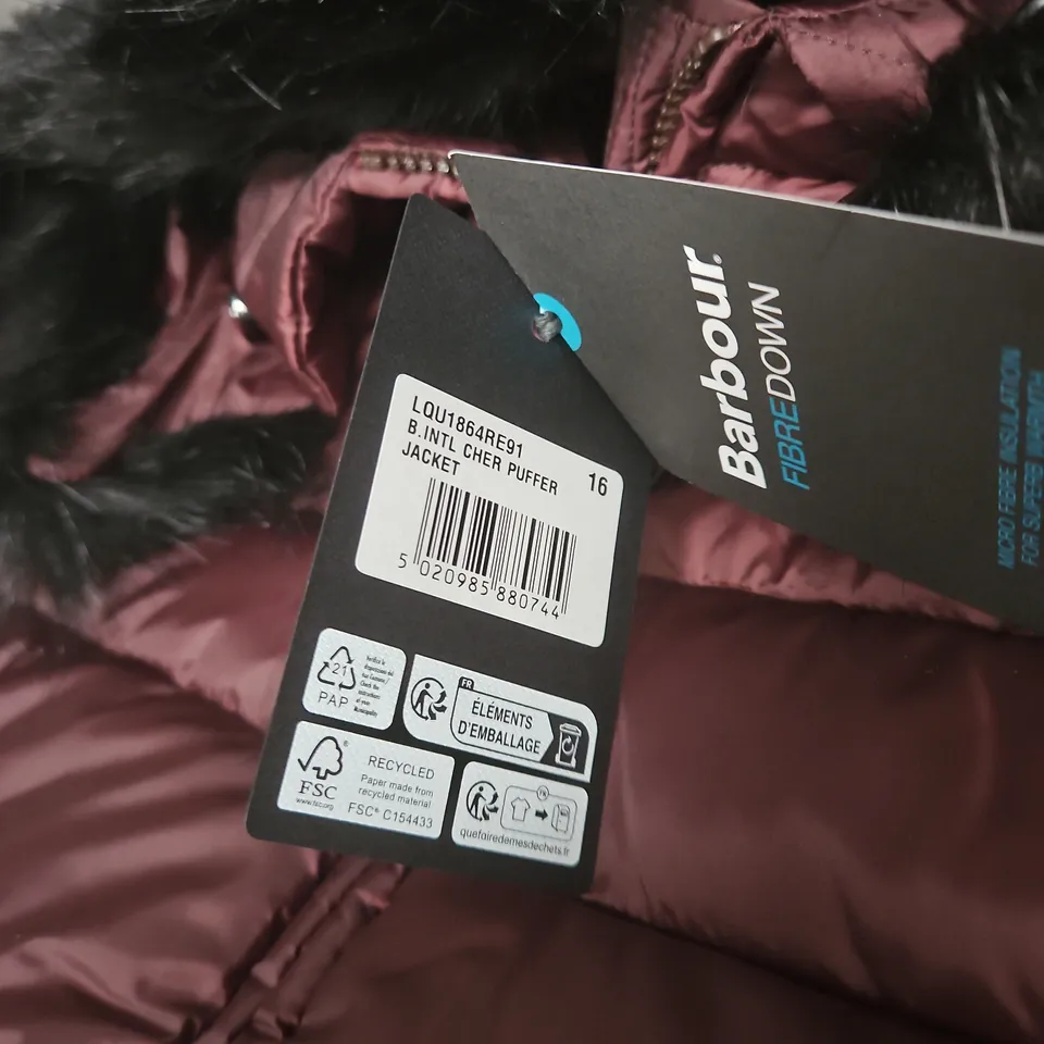 BARBOUR INTERNATIONAL FIBRE DOWN PUFFER JACKET – BURGUNDY, UK SIZE 16 - WOMENS 