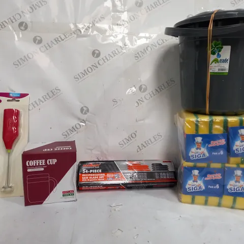 BOX OF APPROXIMATELY 13 ASSORTED ITEMS TO INCLUDE - COFFEE CUP - MR SIGA HEAVY DUTY SCRUBS - FORMULA MIXER ECT