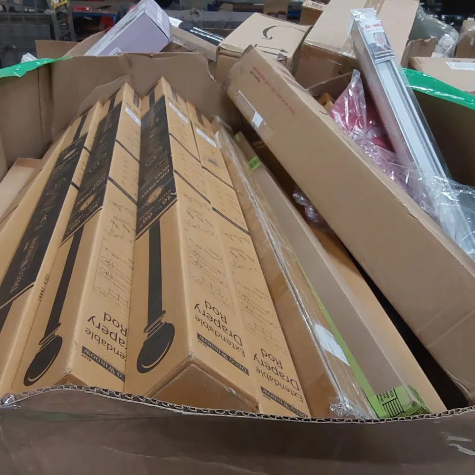 PALLET OF ASSORTED CONSUMER PRODUCTS TO INCLUDE: DRAPERY RODS, PATIO UMBRELLA, ROLLER BLIND, BATH MAT ECT