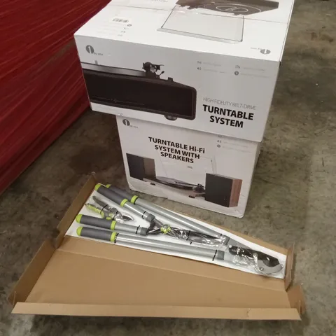 PALLET OF ASSORTED HOUSEHOLD GOODS AND PRODUCTS TO INCLUDE; TURNTABLE SYSTEMS, GARDEN TOOLS, AIR FRYER, BOXED FURNITURE ETC 