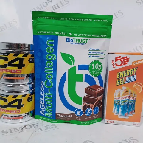 APPROXIMATELY 5 ASSORTED FOOD & DRINK ITEMS TO INCLUDE HIGH 5 ENERGY GEL AQUA IN ORANGE FLAVOUR, BIOTRUST AGELESS MULTI-COLLAGEN IN CHOCOLATE FLAVOUR, C4 RIPPED PRE-WORKOUT IN TROPICAL PUNCH FLAVOUR,